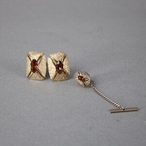 Swank Cuff Links Gold Tone Brown Stone .75" With Tie Clip Cuff Links